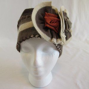 One of a Kind Handmade Women's S/M Brown Soft Stretch Knit Floral Beanie Hat